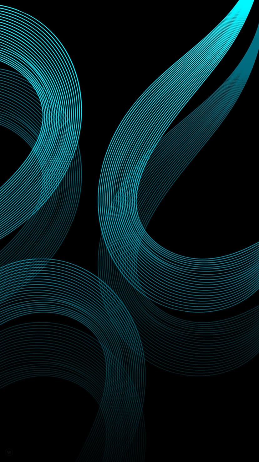 Luminous teal swirls and cyan light ribbons weave together against a solid black background with a soft glow.