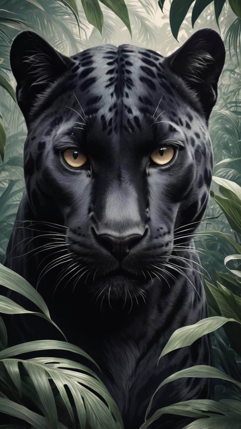 Black panther with glowing yellow eyes peers through thick green jungle leaves in a detailed vertical portrait.