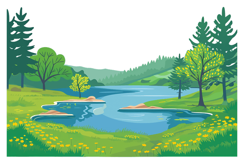 Cartoon river landscape featuring stylized green trees, layered grassy hills, and blue sky in flat vector style.
