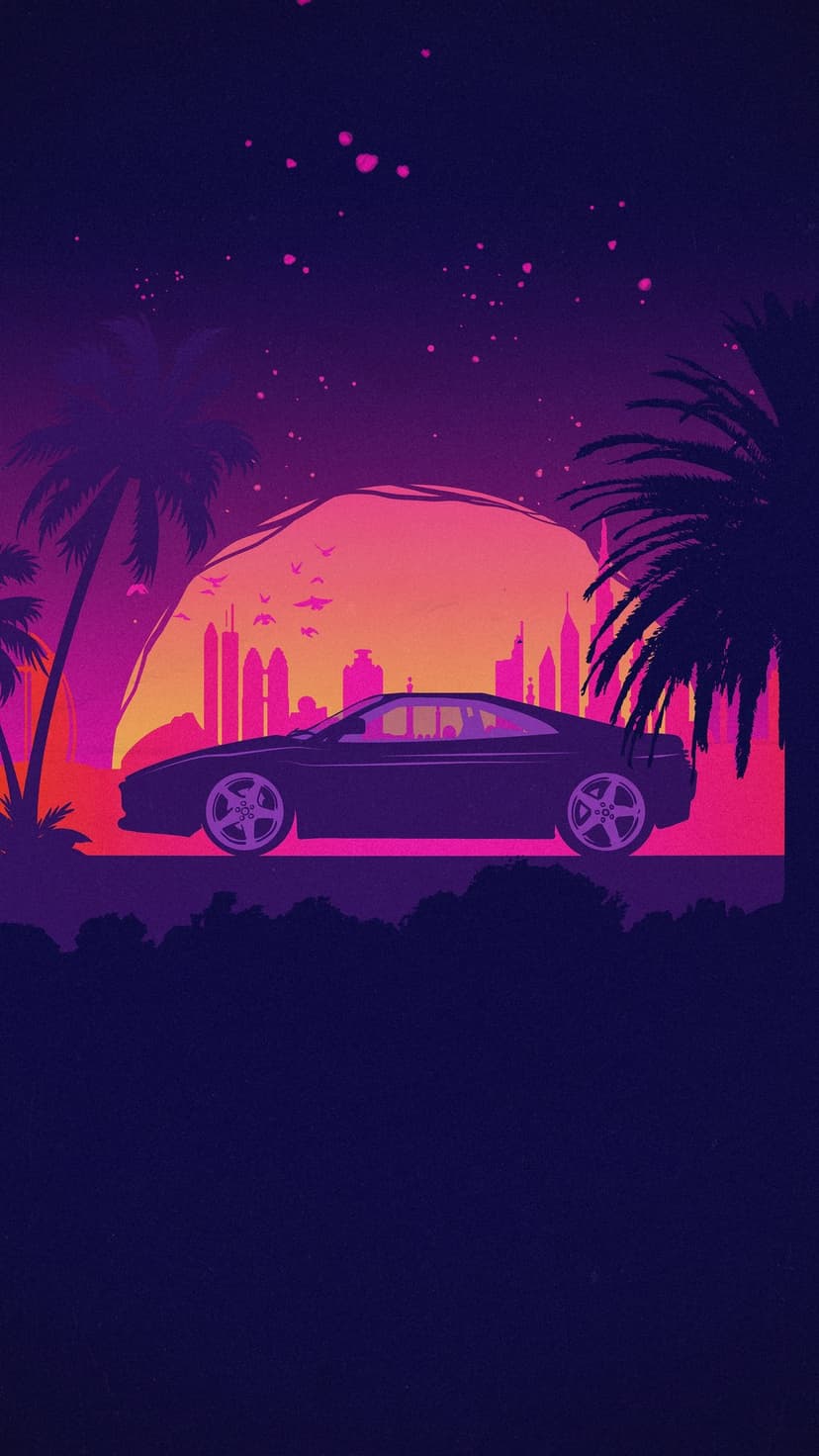 Black sports car silhouette parked before a large glowing sun, purple cityscape, and palm trees at night.