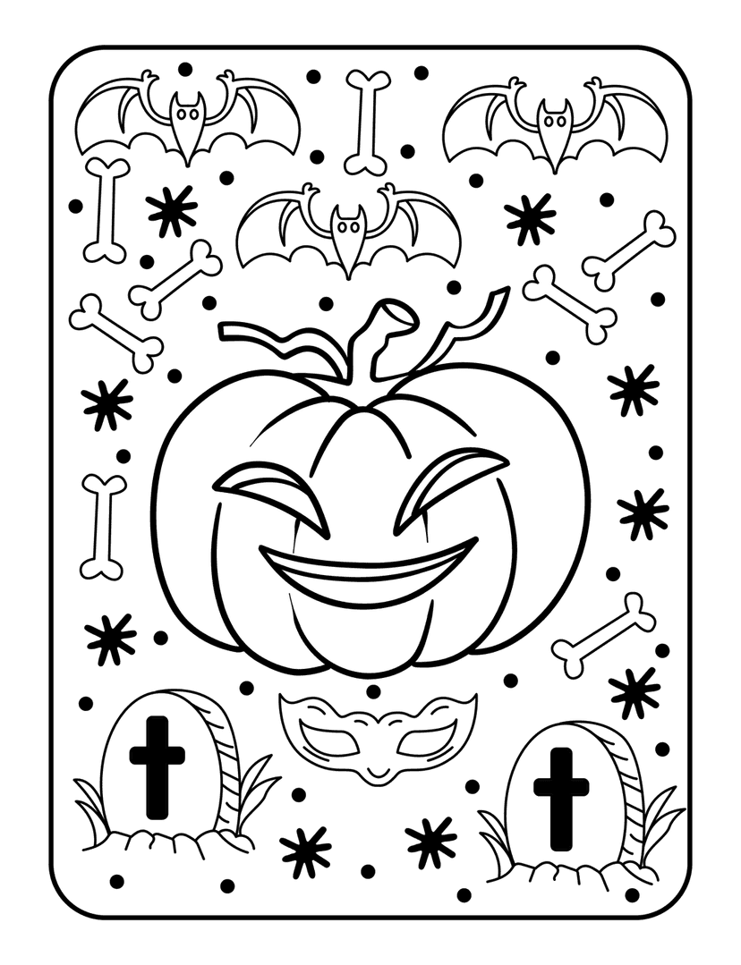 Halloween coloring page showcasing a jack-o-lantern with flying bats and tombstones in black line art style.
