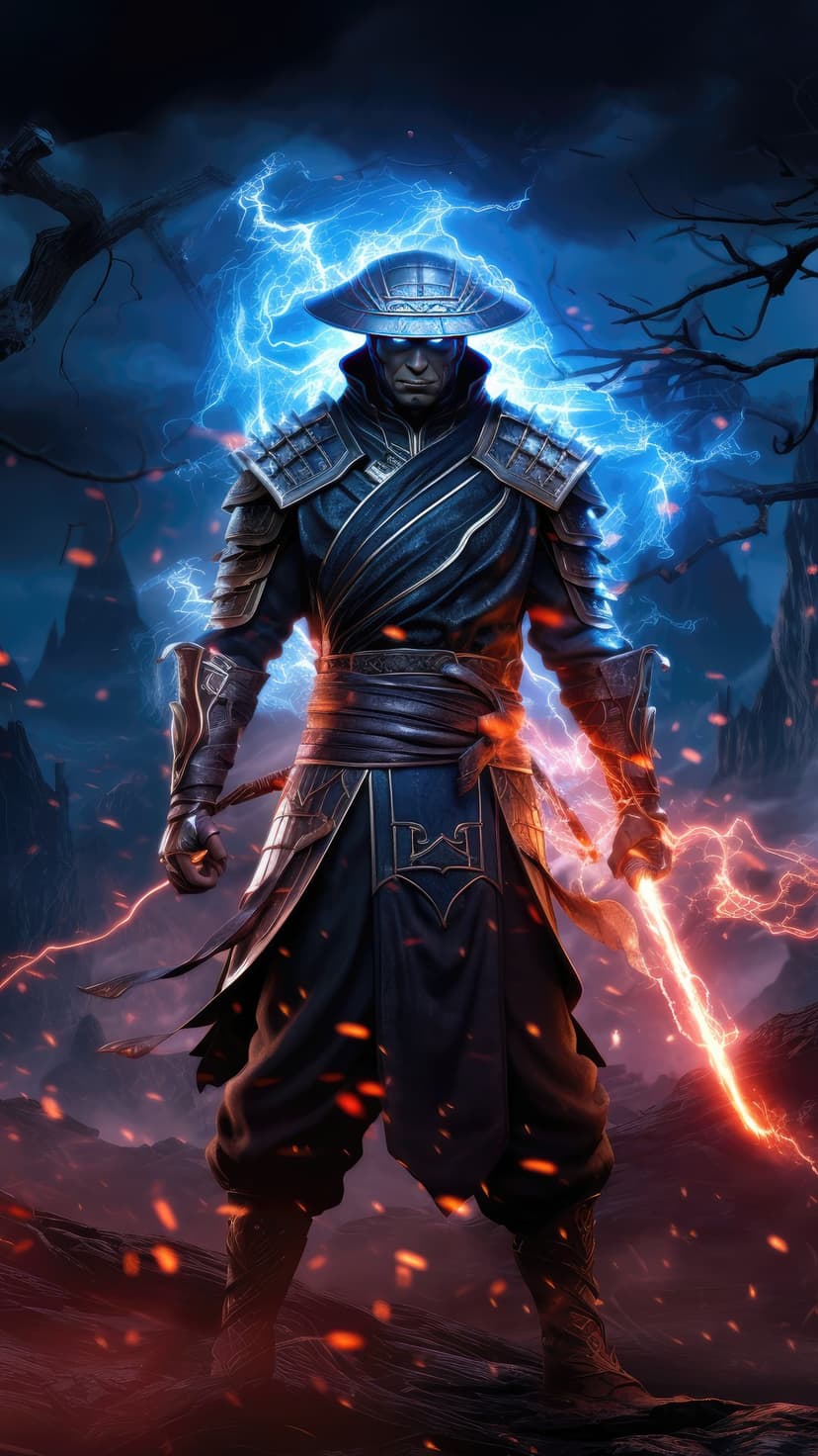 Armored warrior in a wide-brimmed hat holds a flaming sword while blue lightning strikes a desolate landscape.