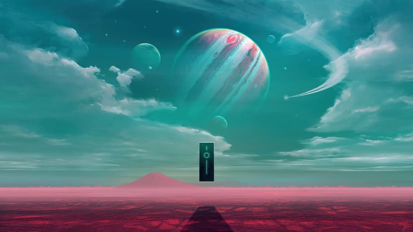 Floating black monolith over a red desert under a massive swirling gas giant planet and moons in a teal sky.