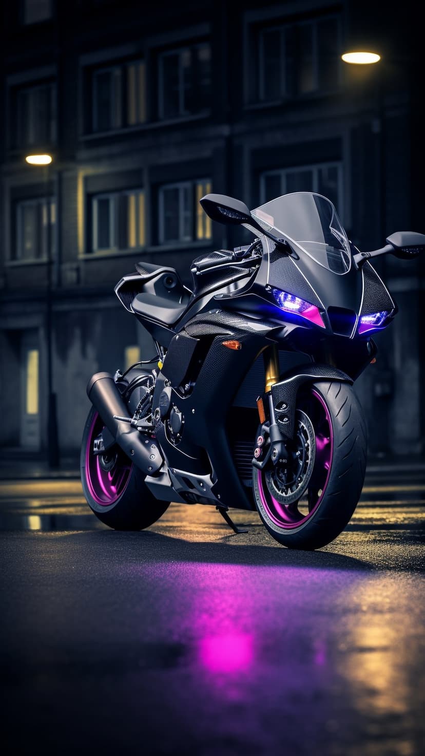 Sport motorcycle with glowing pink and blue rims parked on a wet night street with neon asphalt reflections.