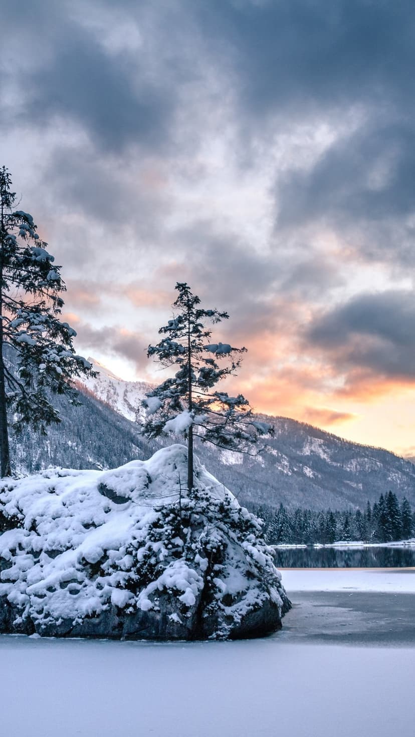 Snow-capped mountains rise behind a partially frozen lake and pine trees under a glowing sunrise sky at dawn.