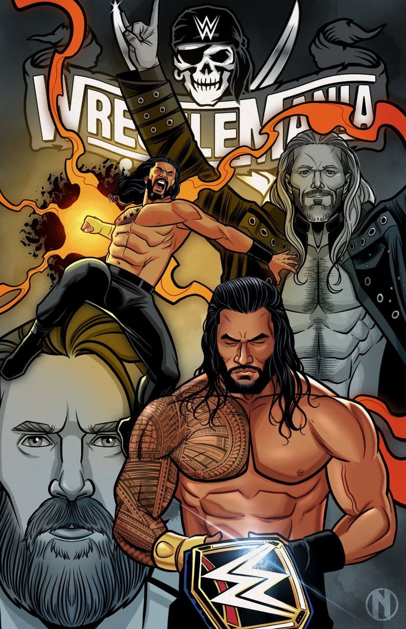 Roman Reigns holds a championship belt alongside Edge and Bray Wyatt amidst fiery WrestleMania graphics.