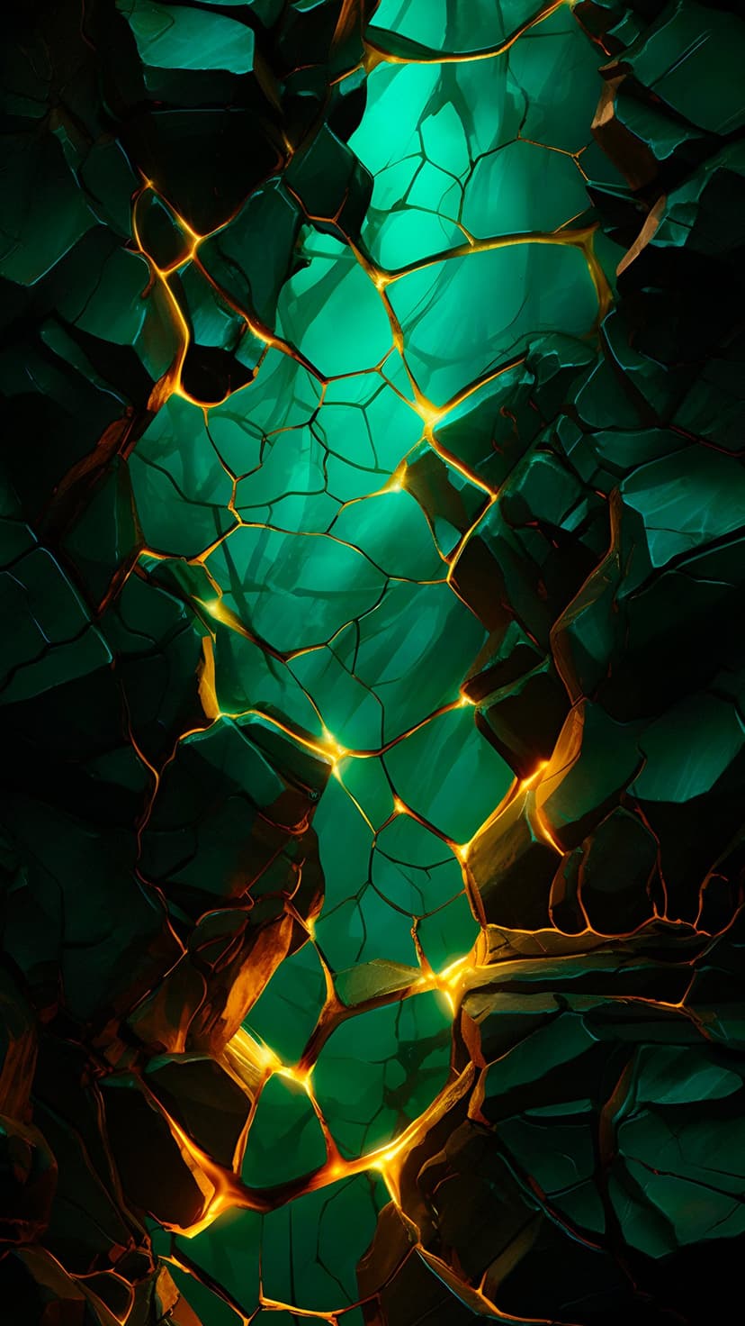Fractured green crystal surfaces emit a fiery amber glow from deep within jagged geological fissures.