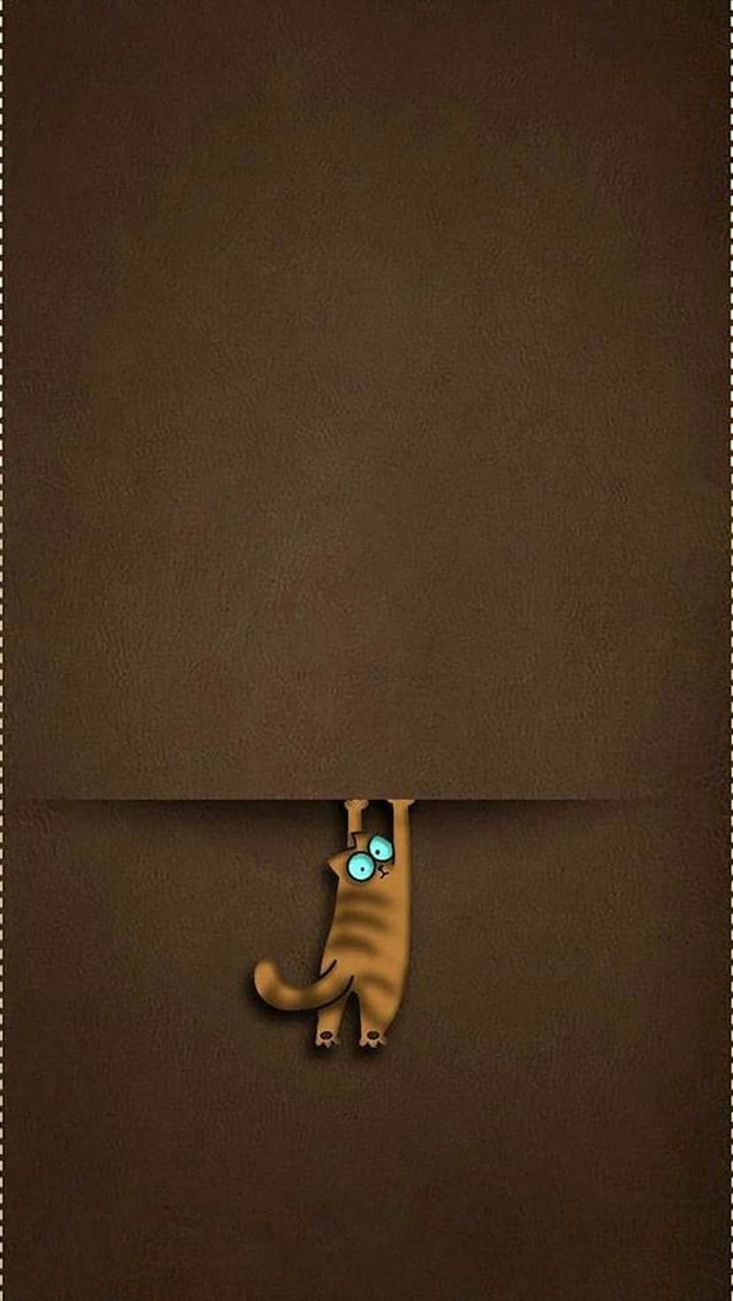 Blue-eyed cartoon cat peeking over a brown textured surface with small paws visible on a warm earthy background.