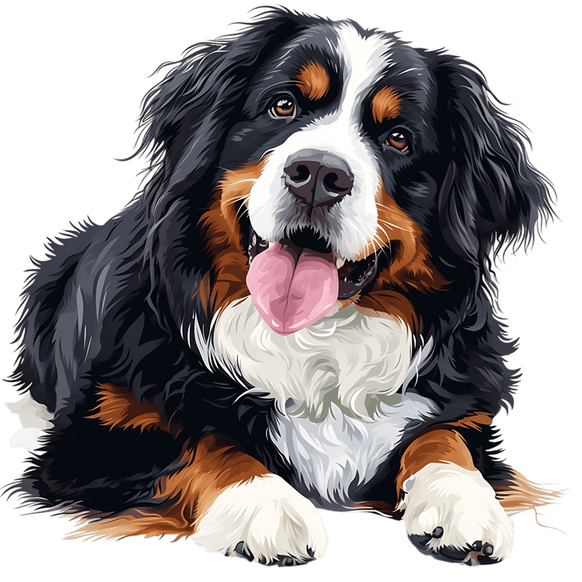 Bernese Mountain Dog portrait featuring thick tricolor fur and a pink tongue with realistic painterly textures.