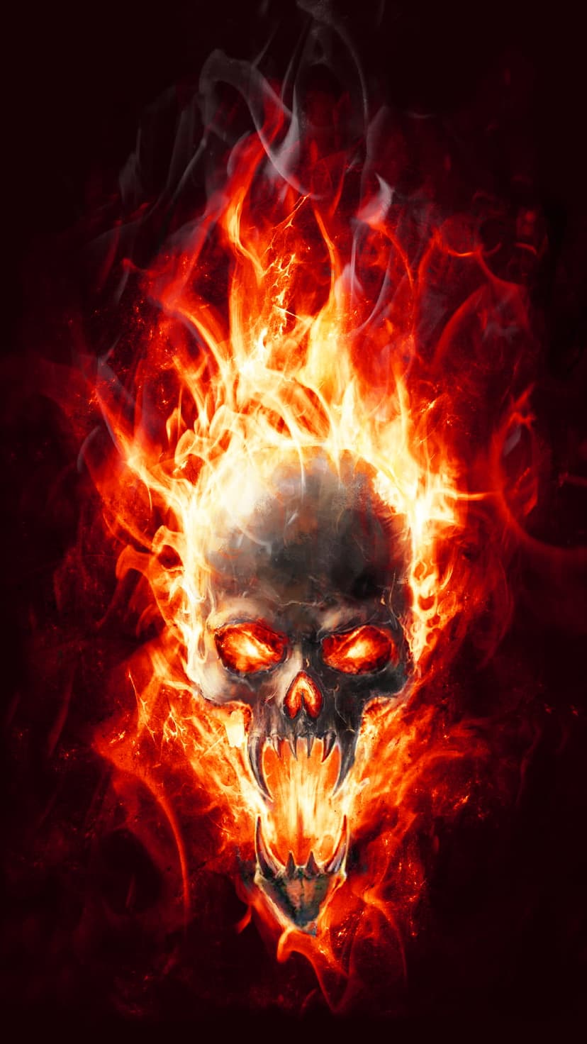 Flaming skull with glowing orange eyes and mouth emitting smoke and sparks against a dark, shadowy background.
