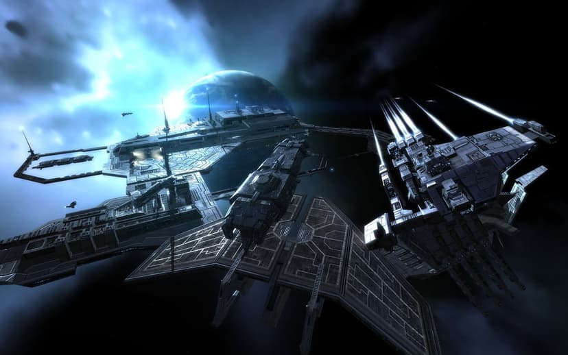 Large modular space station and spaceship orbiting a blue planet with a bright star flare and blue nebula.