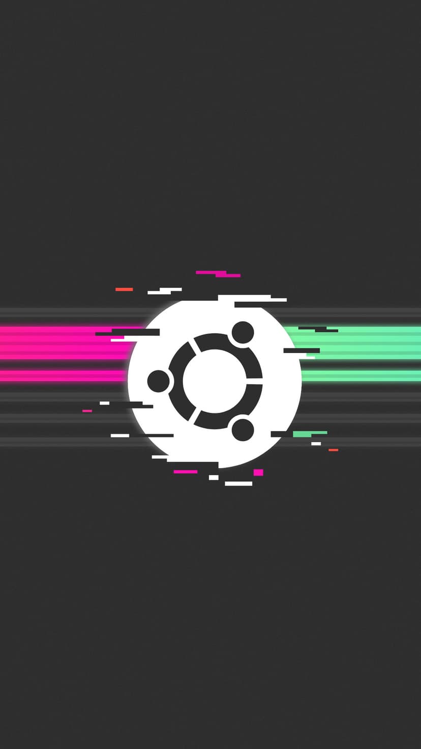 Ubuntu logo centered on a dark background with horizontal pink and teal neon streaks and digital glitch artifacts.