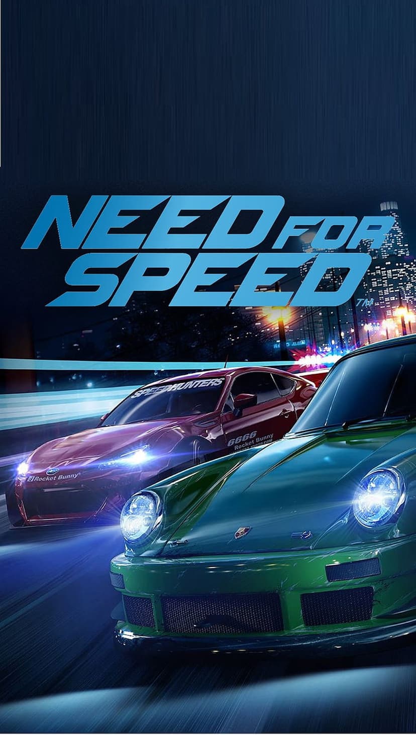 Red and green sports cars race through a neon-lit city at night under a blue Need for Speed game logo.