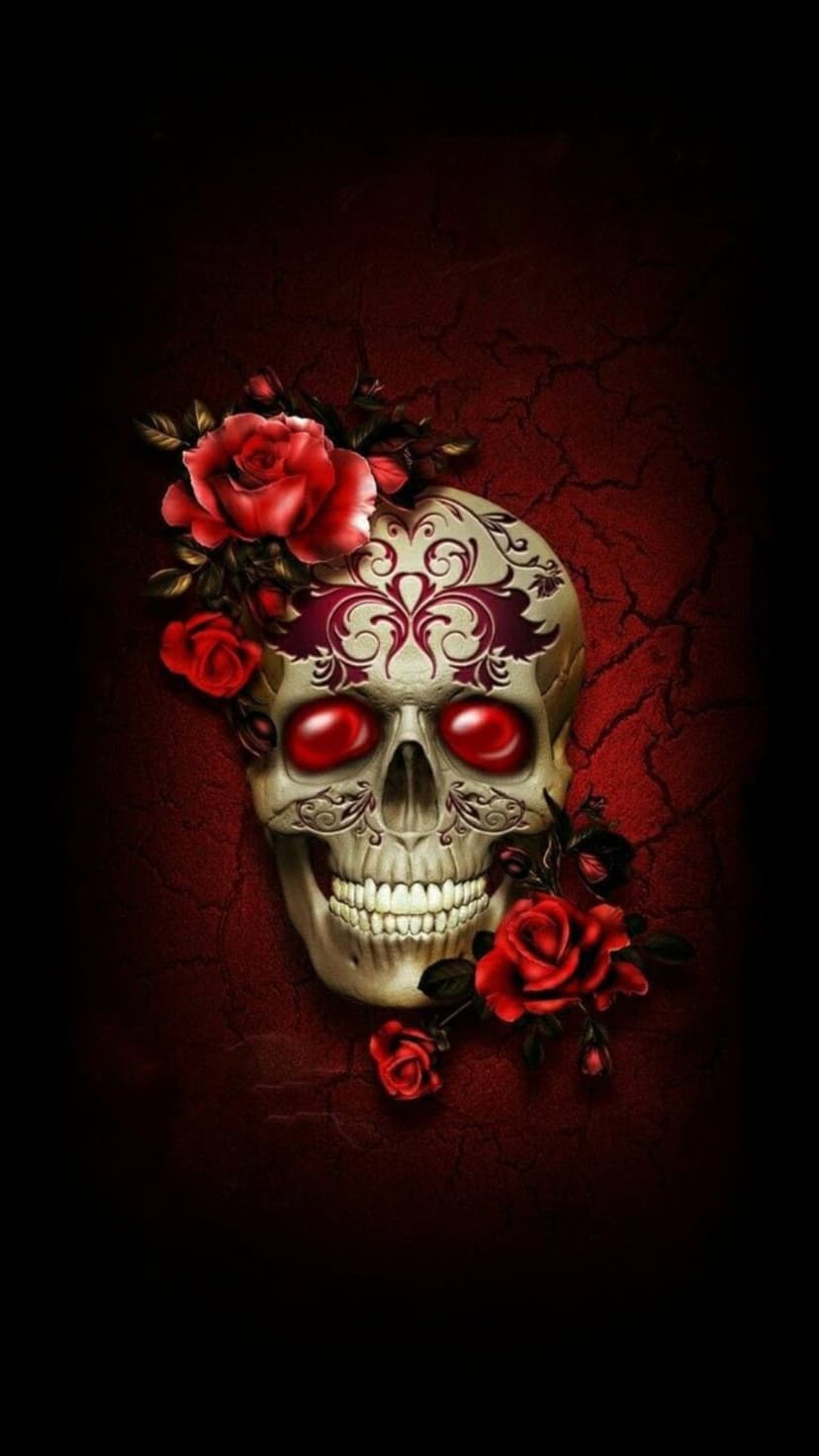 Ornate gothic skull with glowing red eyes and engraved patterns framed by blooming red roses on a dark backdrop.