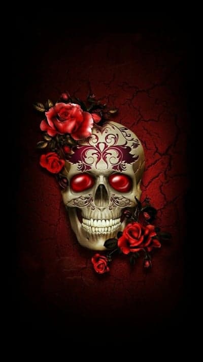 Gothic Skull with Red Roses and Ornate Designs