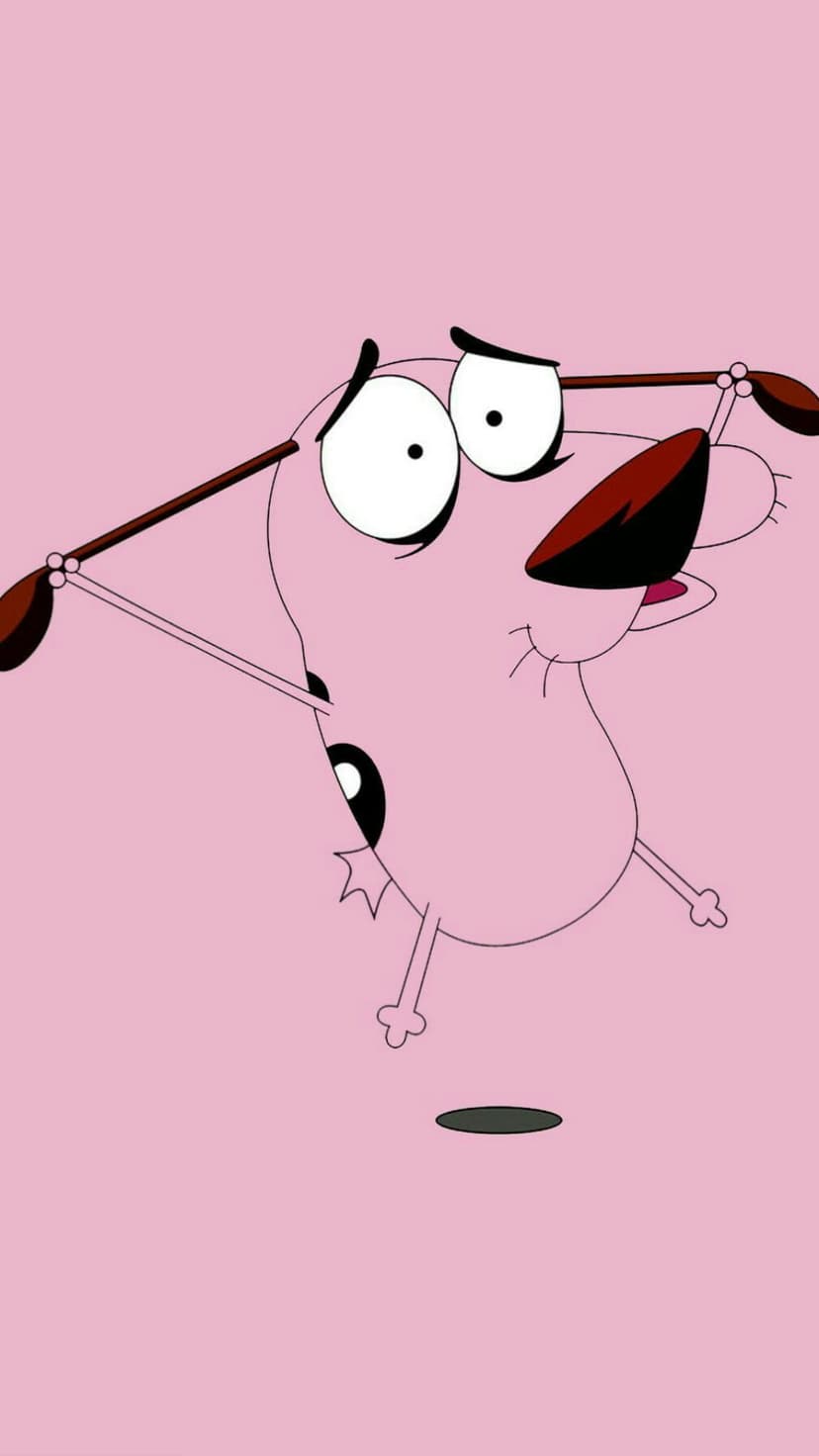 Courage the Cowardly Dog with massive white eyes and a worried face centered on a solid bright pink background.