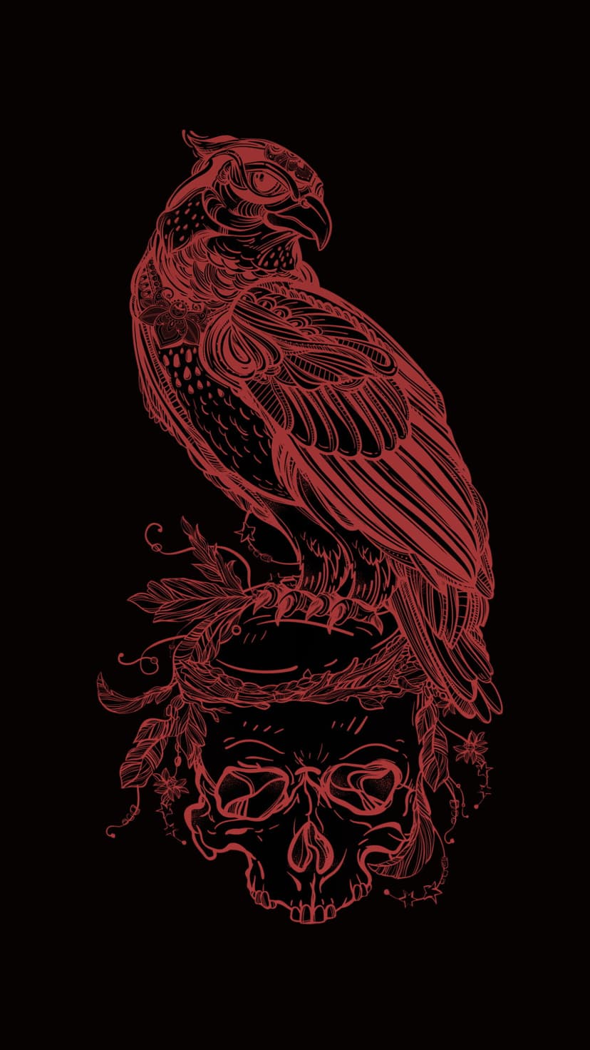 Nocturnal owl with intricate red line art patterns perched on a human skull against a dark background.