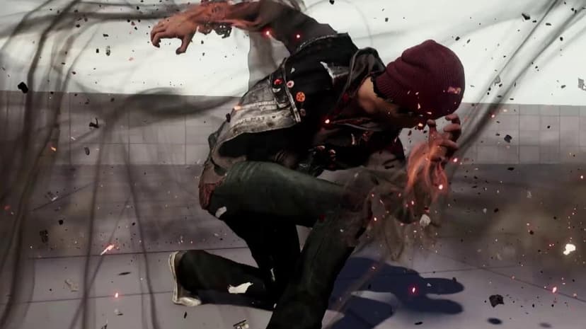 Delsin Rowe crouched with swirling black smoke and orange embers in a cinematic video game action scene.