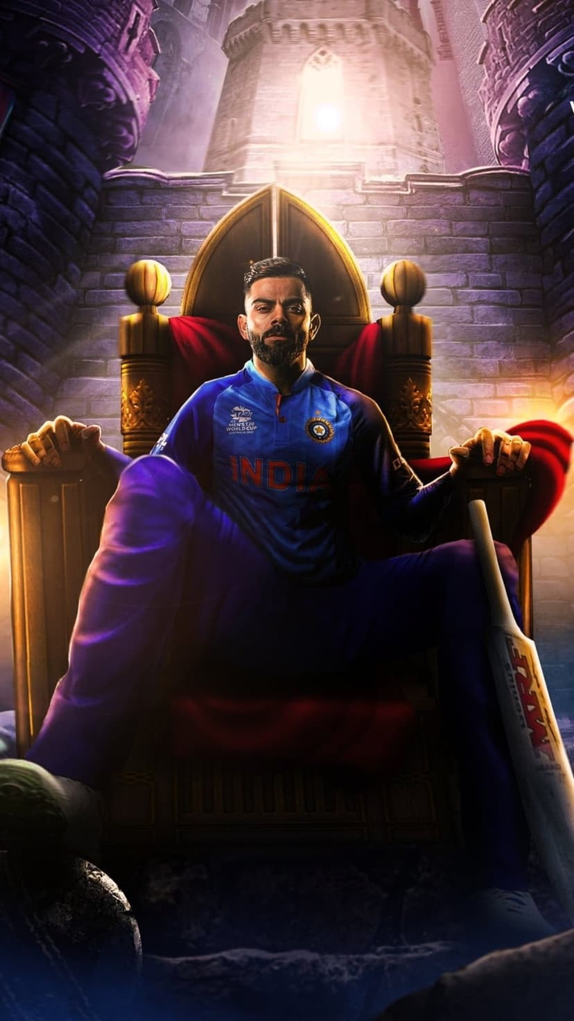 Virat Kohli sits on a stone throne wearing an Indian cricket jersey next to a bat inside a dark castle.