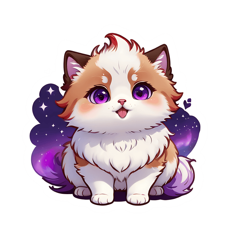 Bicolor fluffy kitten sticker with purple glossy eyes sits centered against a violet starry galaxy background.