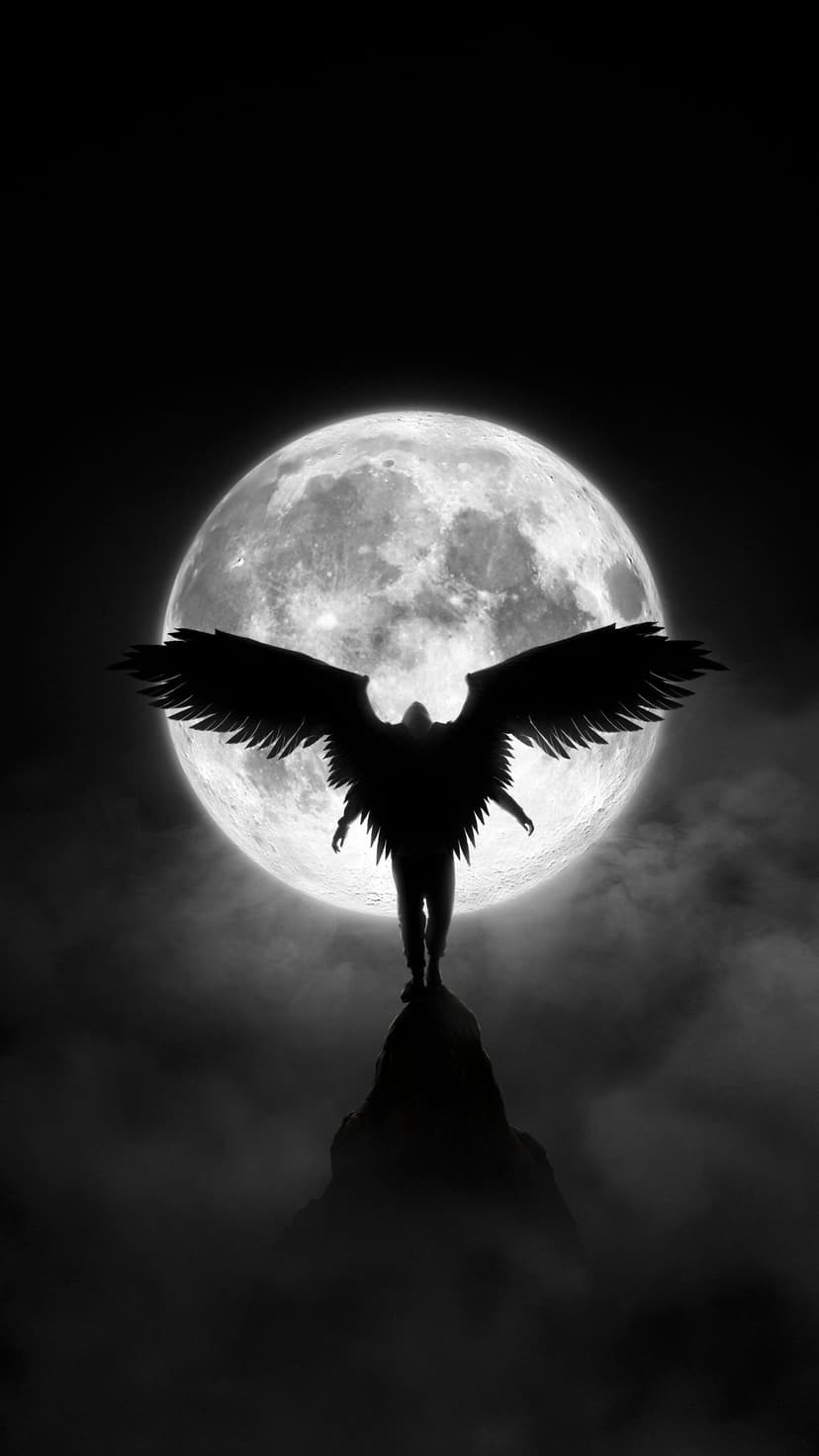 Winged silhouette stands on a mountain peak under a large full moon surrounded by wispy clouds and night sky.