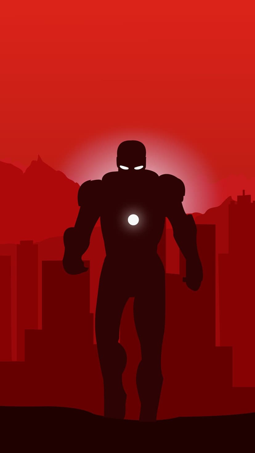 Iron Man silhouette with a glowing arc reactor stands against a red sun and urban skyline on a mobile backdrop.