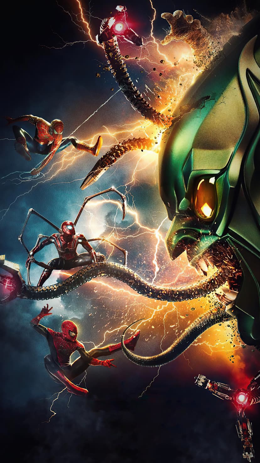 Spider-Man fights Doctor Octopus's mechanical arms and Green Goblin in a dark sky with lightning strikes.