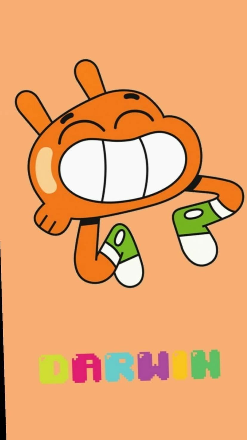 Darwin Watterson with green shoes stands above his name in colorful pixel art on a solid orange background.