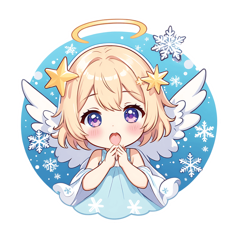 Chibi angel sticker with blonde hair and purple eyes floating on a blue snowflake background with a gold halo.