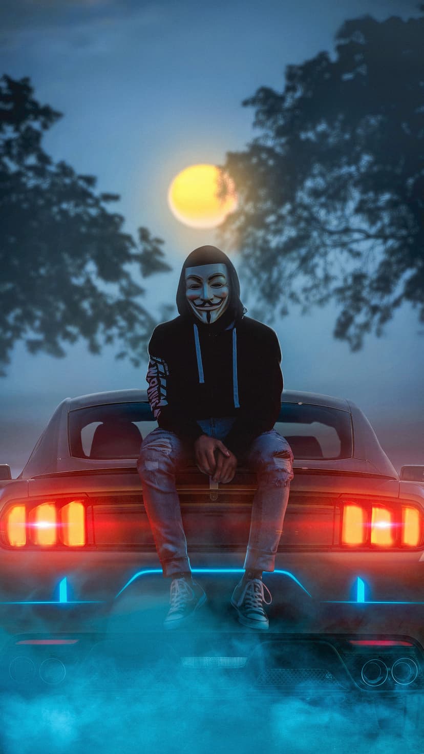 Hooded figure in a white mask sits on a car with blue neon underglow and red tail lights against a moonlit sky.