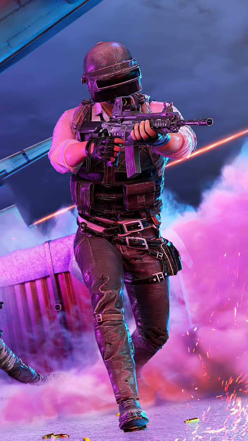 Tactical soldier in full combat gear holding a rifle while surrounded by thick pink smoke and blue lighting.