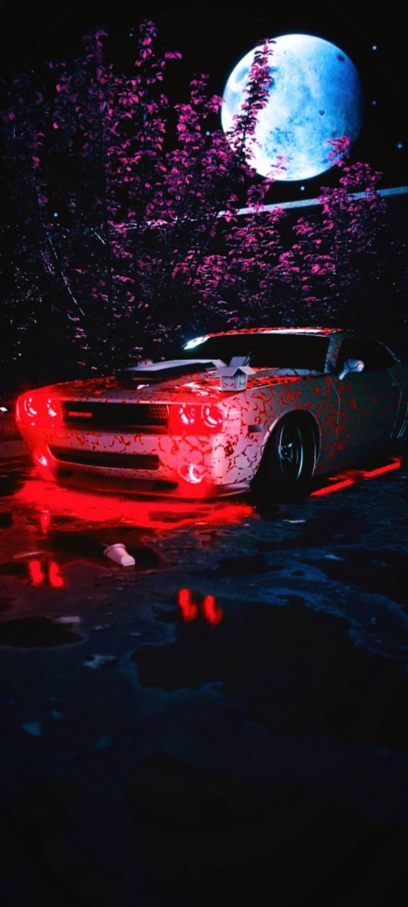White sports car with red neon underglow parked beneath a blue moon and pink trees on a reflective wet surface.