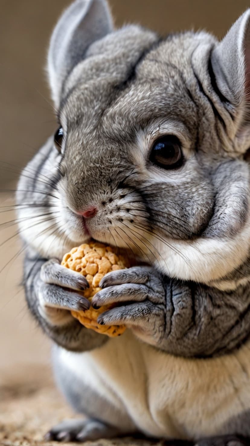 Gray chinchilla with large dark eyes holds a small textured cookie with its tiny pink paws against a soft background.