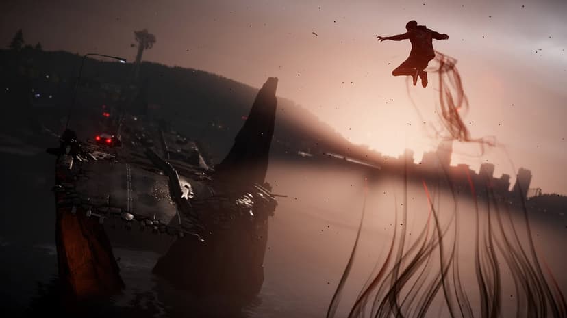 A character leaps through the air leaving red smoke trails over a destroyed bridge during a dark sunset.