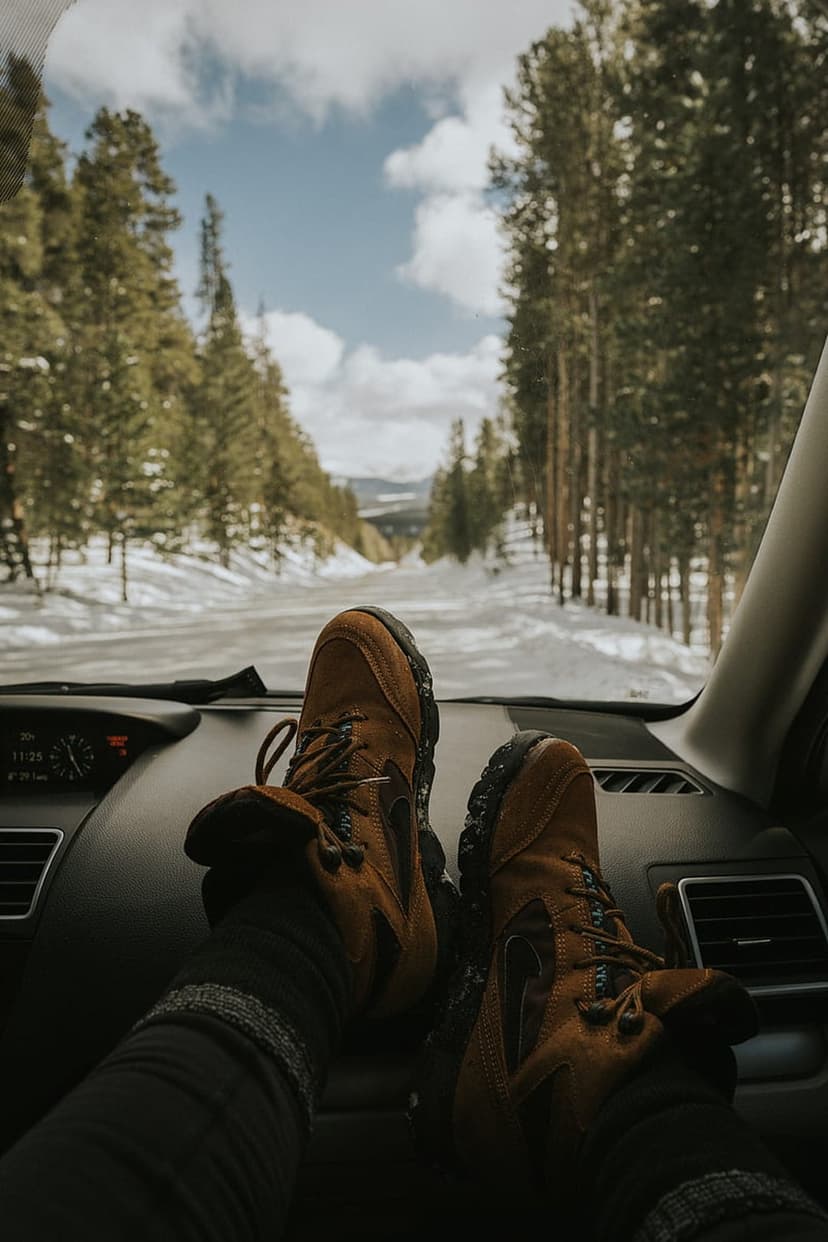 Brown leather hiking boots rest on a dashboard overlooking a snowy road lined with tall pine trees in winter.