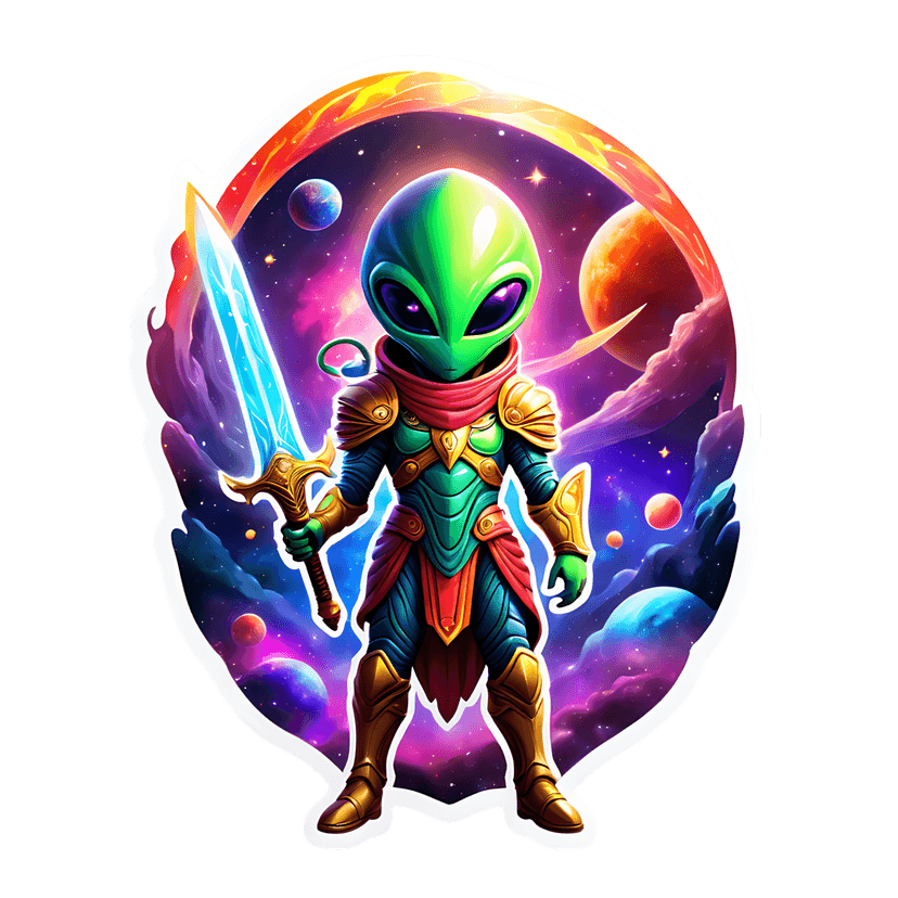 Green alien warrior wearing gold armor holds a glowing blue sword against a purple nebula space background.