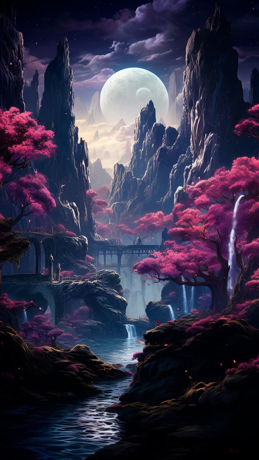 Luminescent moon shines over pink cherry blossoms and waterfalls in a deep canyon with ancient stone bridges.