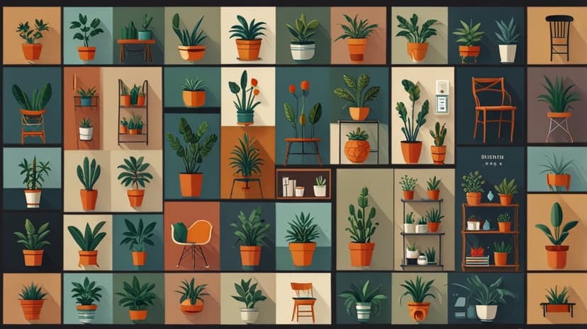Diverse houseplants in ceramic pots arranged in a neat grid pattern against a neutral background.