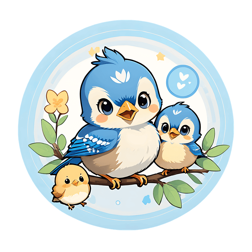 Bluebird family and yellow chick perched on a leafy branch inside a blue circular frame with vector shading.