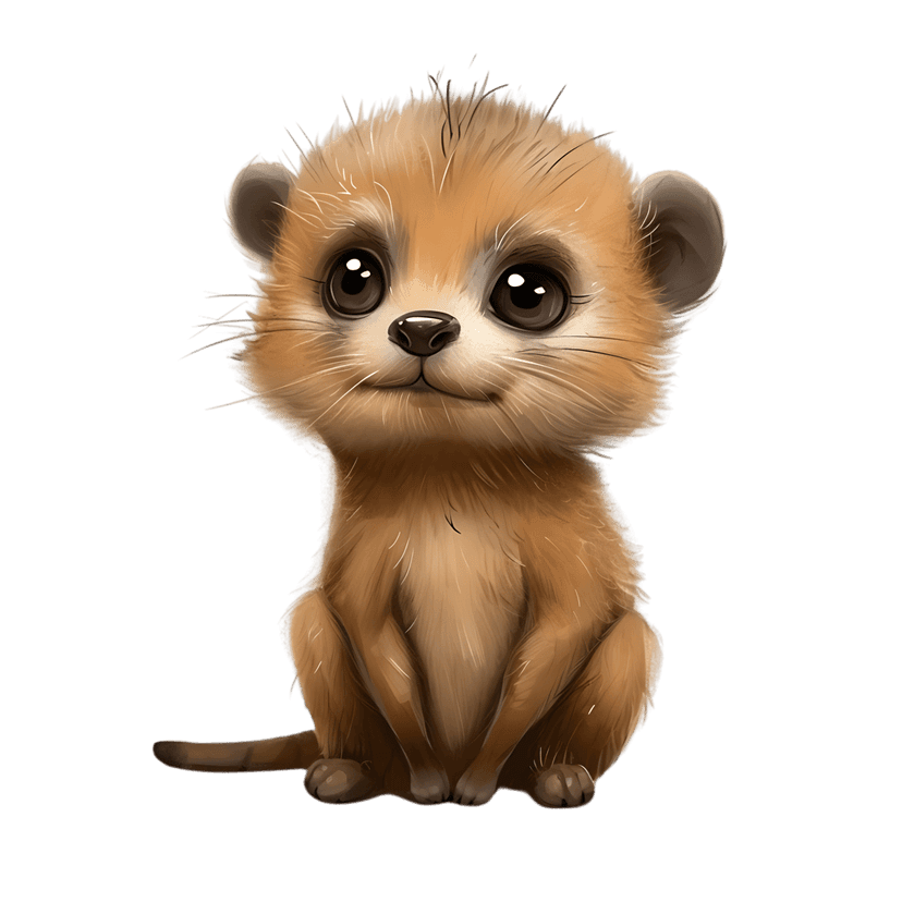 Baby meerkat digital illustration featuring large eyes, soft brown fur textures, and a front-facing pose.