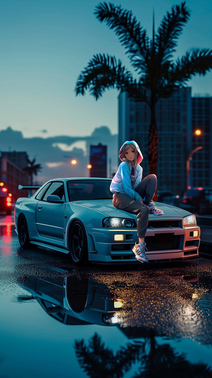 Young woman sits on a blue sports car on a wet city street at night with glowing neon light reflections.