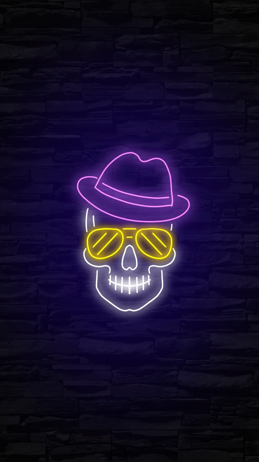 Neon skull wearing a purple fedora and yellow aviator sunglasses glowing against a dark, textured brick wall.