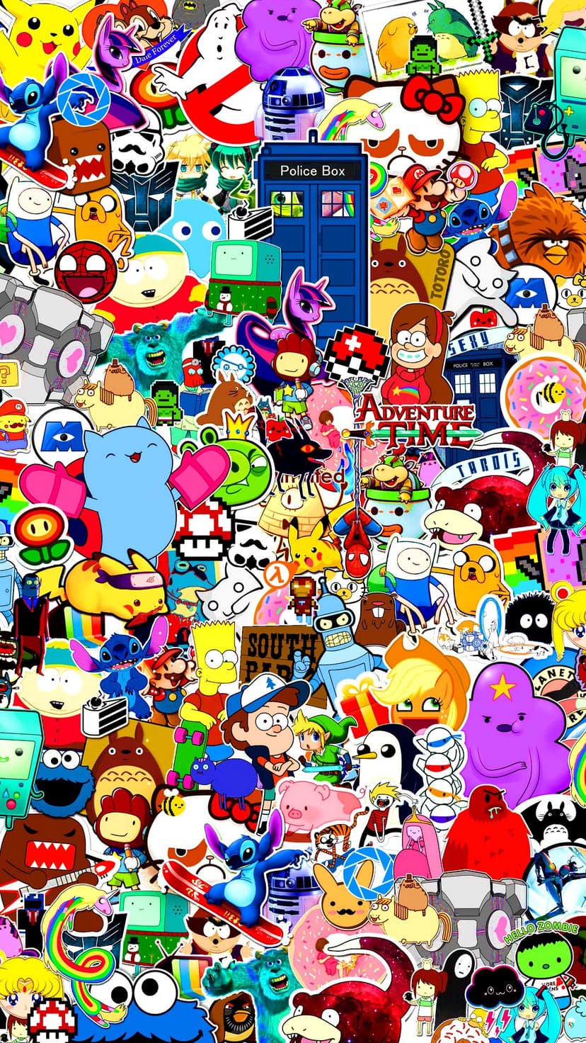 Pikachu, Mario, and various cartoon characters overlap in a dense, multi-colored sticker collage background.