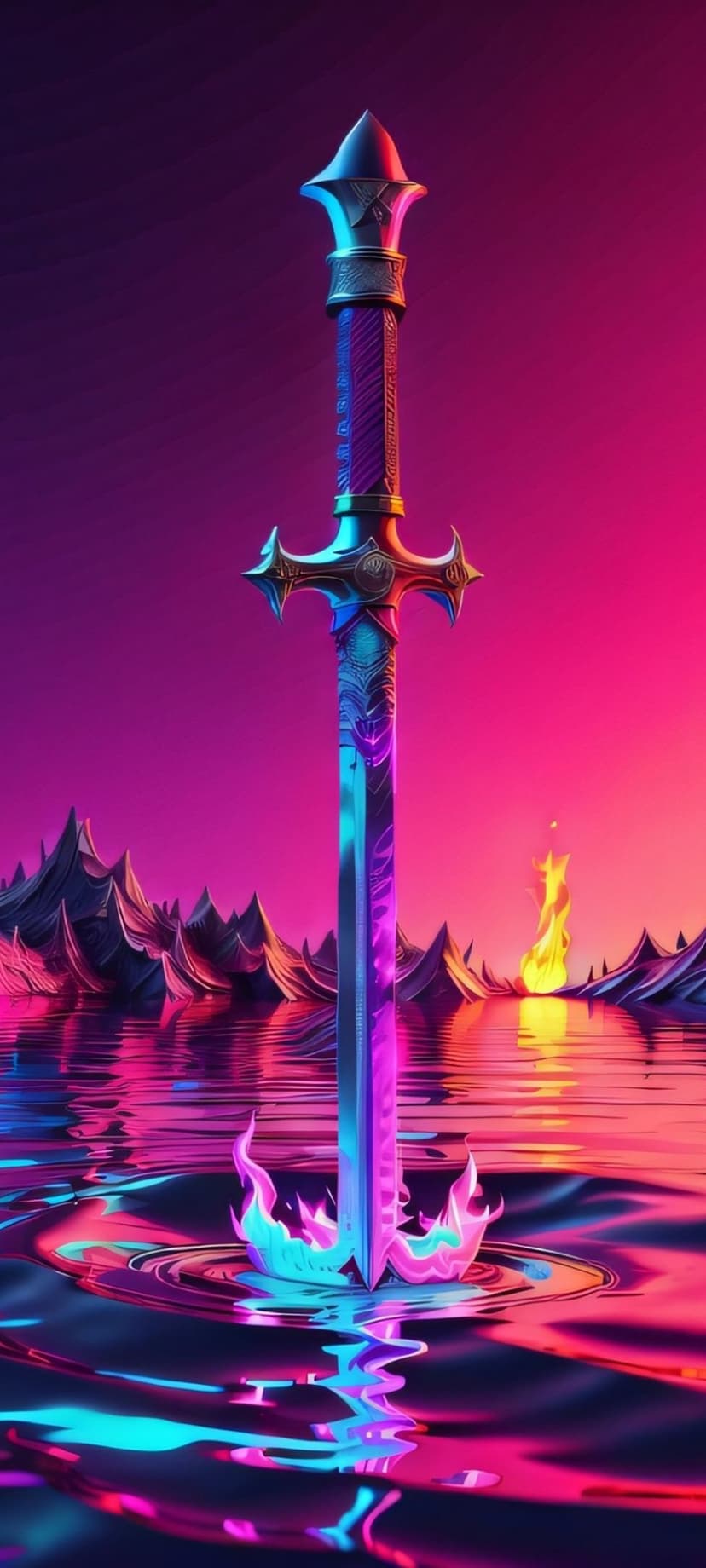 Glowing blue sword stands vertically in rippling fiery water below sharp mountains and a pink gradient sky.