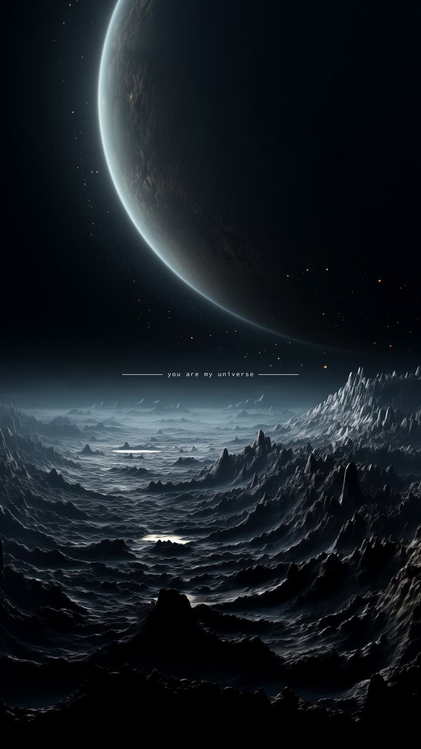 Massive glowing planet rises over dark craggy mountains with the text you are my universe in a starry night sky.