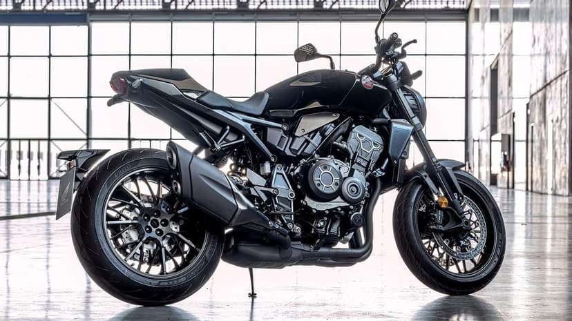 Black Honda CB1000R motorcycle parked in a large industrial hangar with bright grid windows.