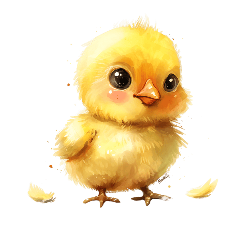 Yellow baby chick watercolor painting featuring orange accents and paint splatters on a solid black background.
