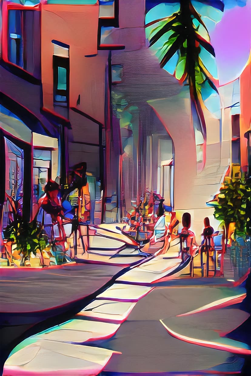 Bright blue and orange buildings tower over people sitting at outdoor tables surrounded by green leafy plants.