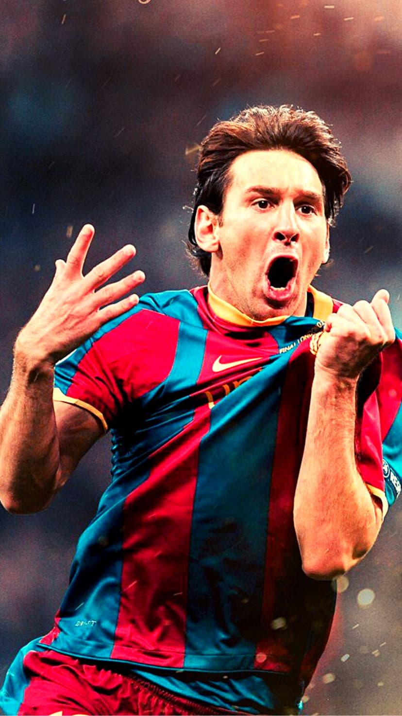 Lionel Messi raises his arms in a joyous goal celebration while wearing the striped FC Barcelona home jersey.