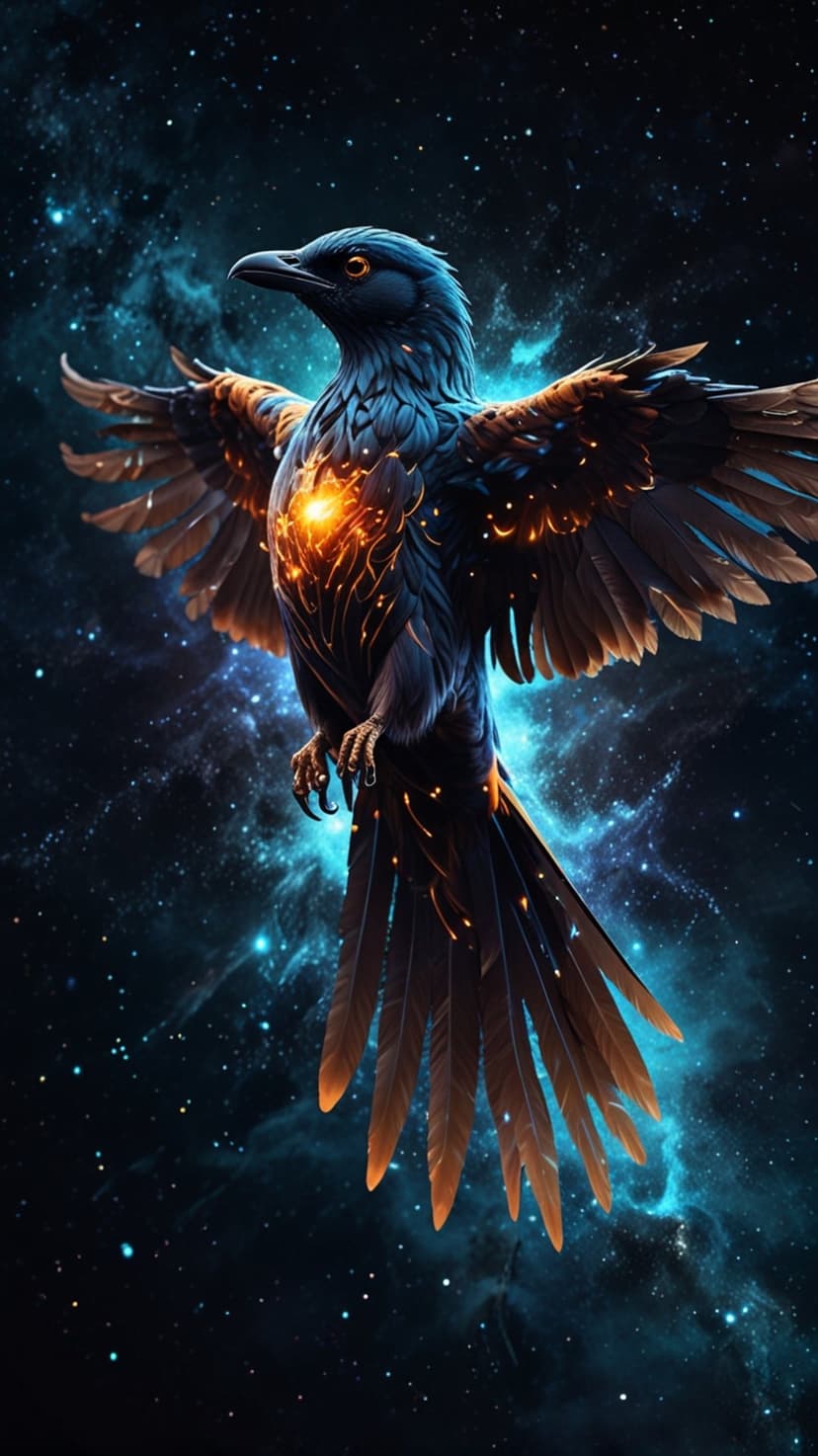 Dark cosmic bird with a glowing orange chest and golden feather patterns flying through a starry purple nebula.